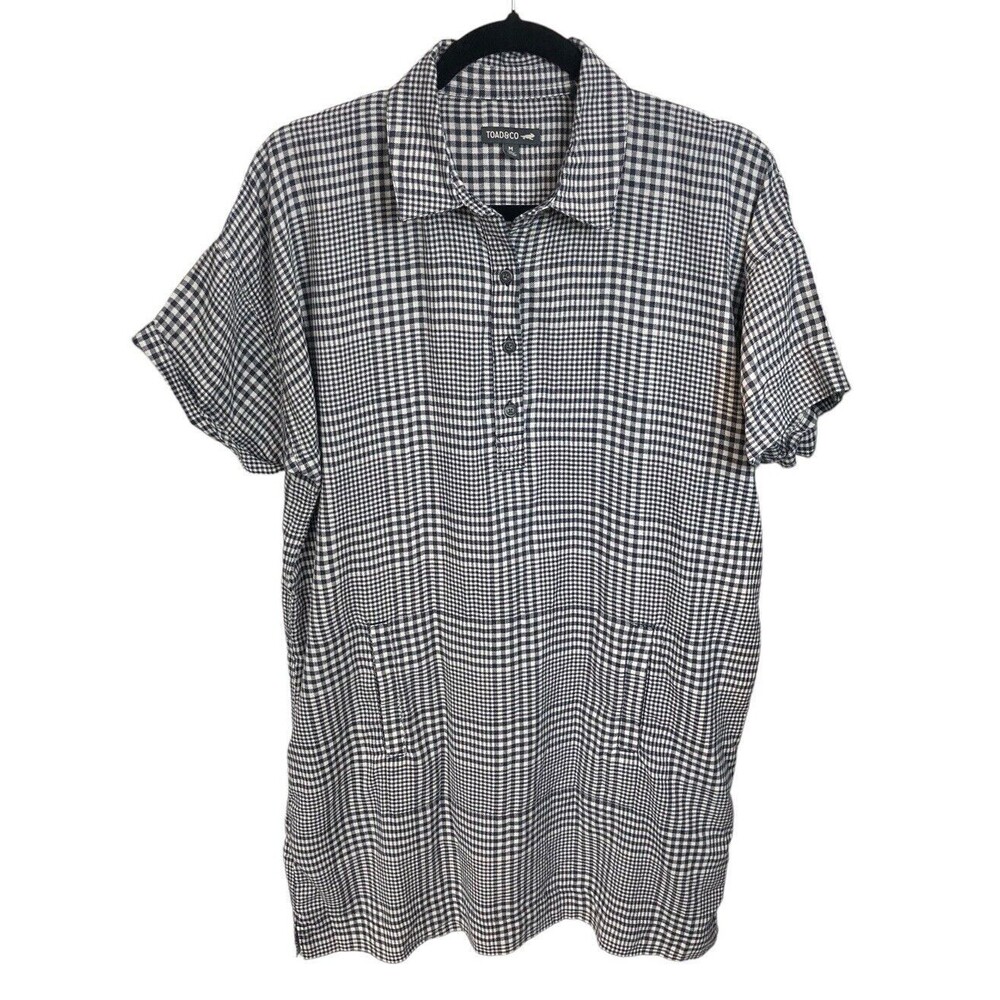 Toad & Co Shirt‎ Dress Navy Check Size Medium Kangaroo Pocket Casual